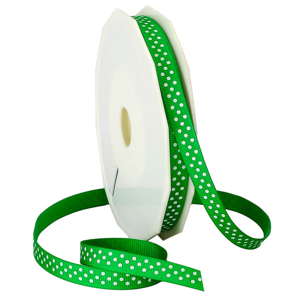 Grosgrain 3/8" Swiss Dots Emerald Green with White Dots