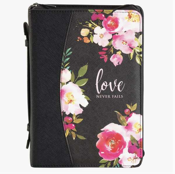 White Dove Designs XL Black & Floral Love Never Fails Bible Cover {R7}