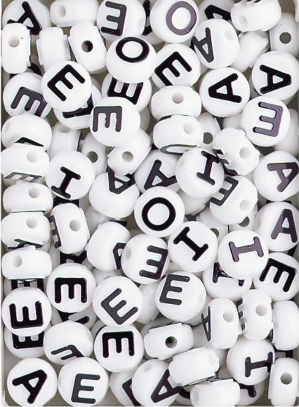 The Beadery 10MM White with Black Lettering VOWEL Beads {F105}
