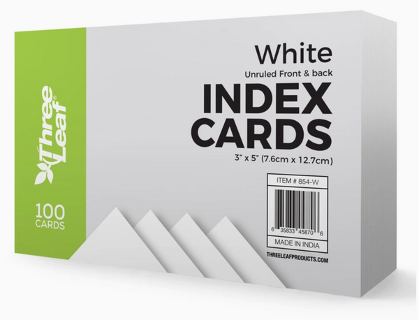Three Leaf 3x5 White UNRULED Index Cards {B23}