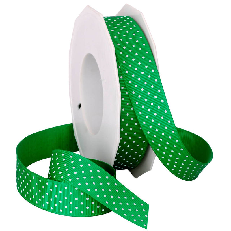 Grosgrain 3/8" Swiss Dots Emerald Green with White Dots